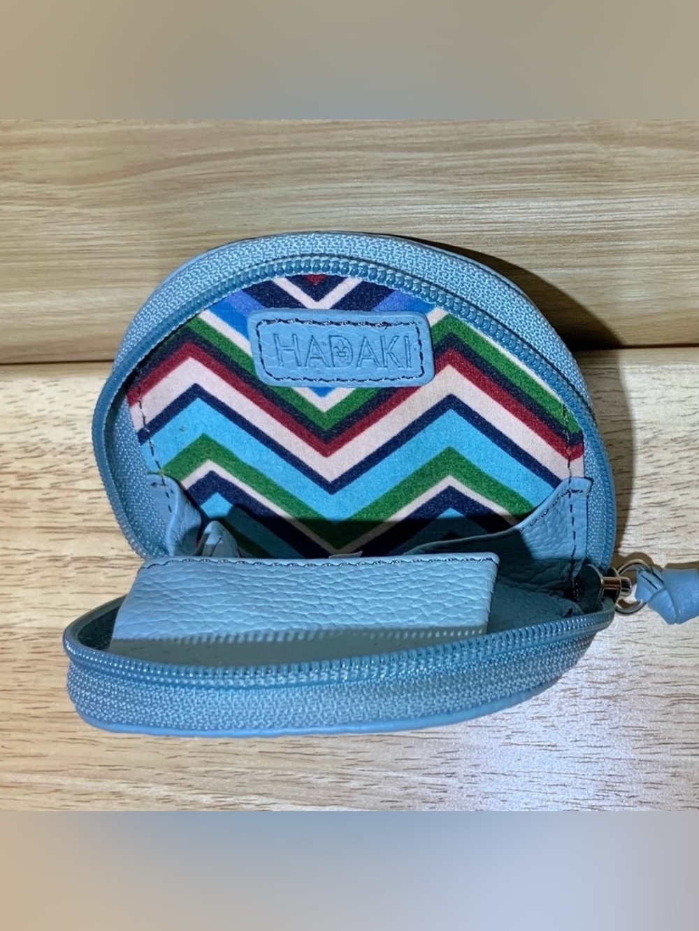 Hadaki Light Blue Leather Colorful Chevron Lined Zippered Coin Purse